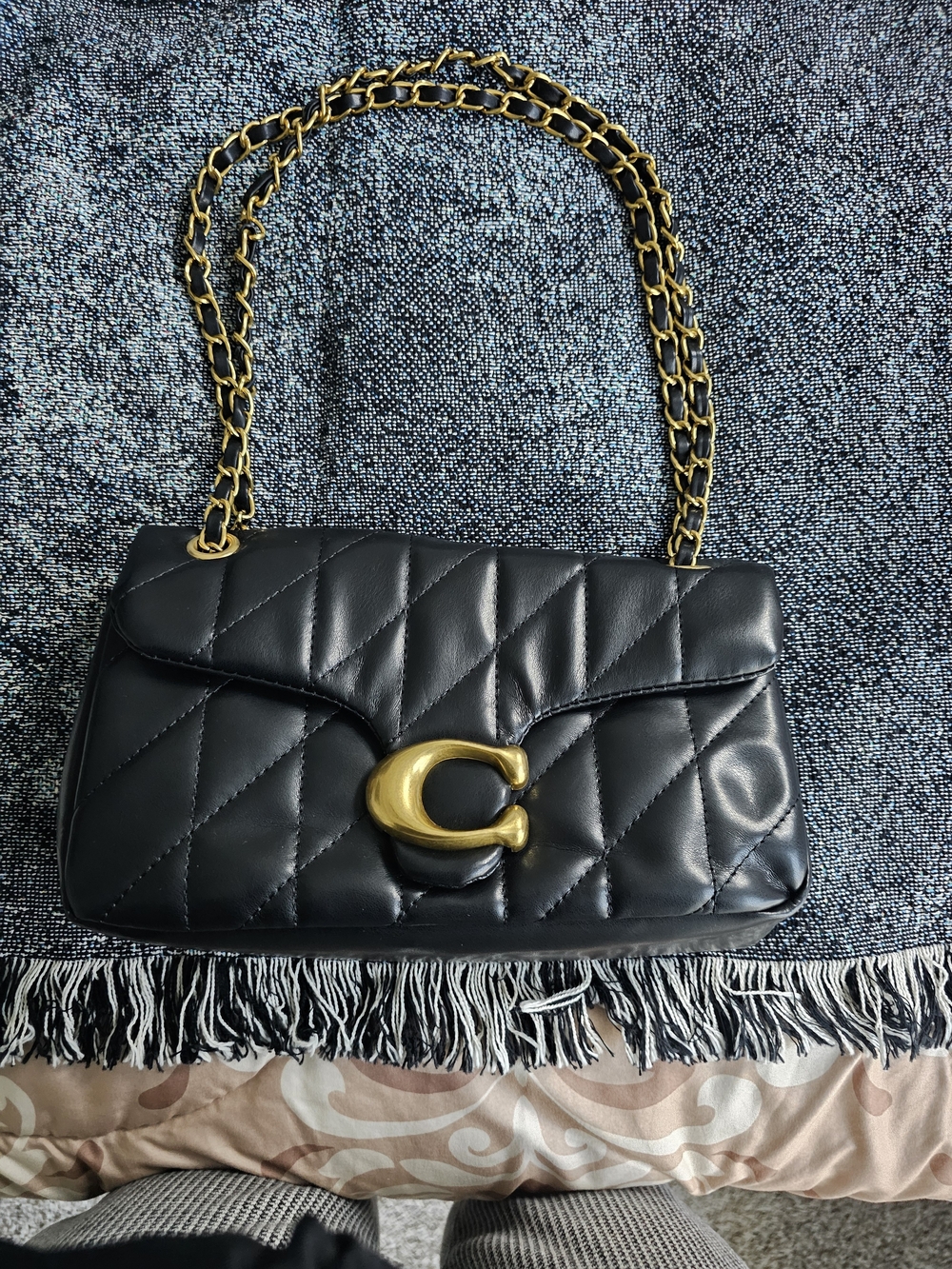 Black Quilted Shoulder Bag with Gold Chain and 'C' Accent